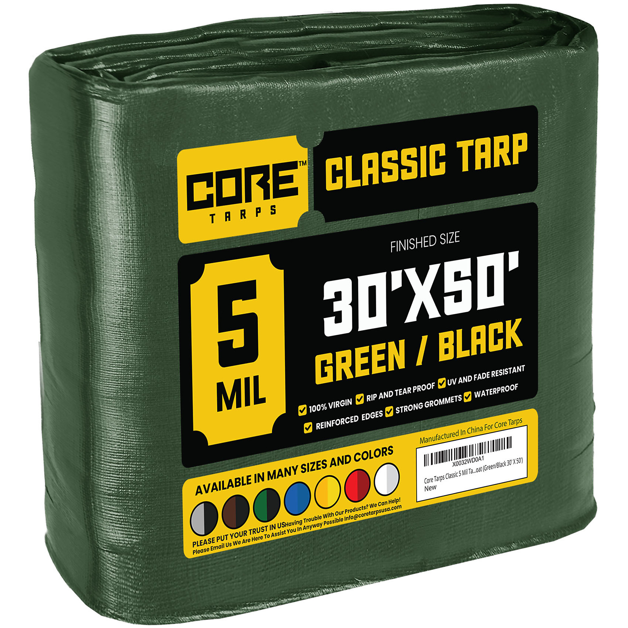 Core Tarps Classic Tarp Cover — 30ft. x 50ft., 5 Mil, Waterproof, UV Resistant, Rip and Tear Proof, Reinforced Edges, Green/Black, Model# CT-503-30X50